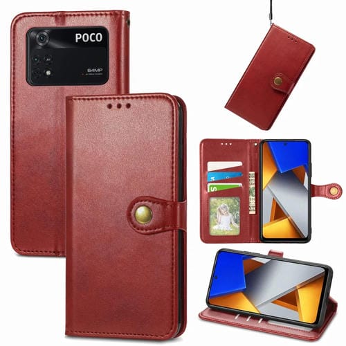 Para Xiaomi POCO M4 Pro Retro Color Sólido Hebilla de cuero Funda telefónica (rojo)