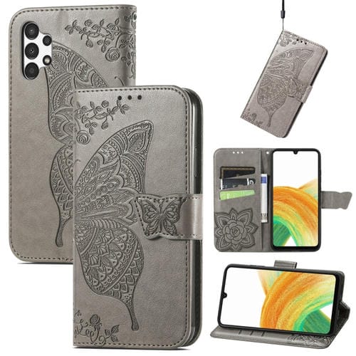 Para Samsung Galaxy A13 4G mariposa amor estuche de cuero en relieve funda (gris)