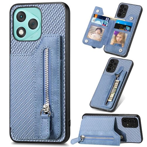 Funda de teléfono con tapa horizontal y cremallera de fibra de carbono para Honor 400 Lite (azul)