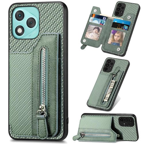 Funda de teléfono con tapa horizontal y cremallera de fibra de carbono para Honor 400 Lite (verde)