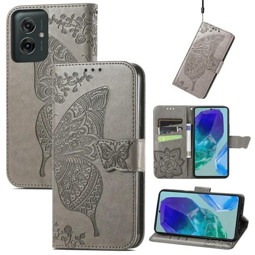 Funda de Cuero con Relieve Mariposa y Flor para Motorola Moto G55 (Gris)