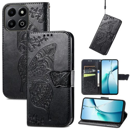 Funda de Cuero con Relieve Mariposa y Flor para Honor 200 (Negro)