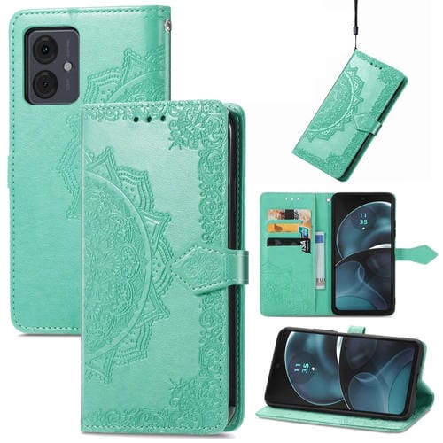 Funda de Cuero para Motorola Moto G14 Mandala Flower en Relieve (Verde)