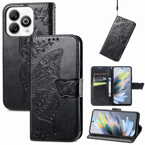 Funda de Cuero con Relieve Mariposa y Flor para ZTE Blade A75 4G (Negra)