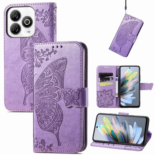 Funda de Cuero con Relieve Mariposa y Flor para ZTE Blade A75 4G (Morado Claro)