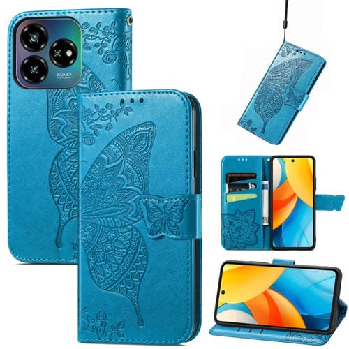 Funda de Cuero con Relieve Mariposa y Flor para ZTE Blade V60 Vita (Azul)