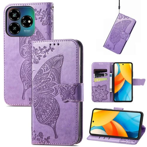 Funda de Cuero con Relieve Mariposa y Flor para ZTE Blade V60 Vita (Morado Claro)