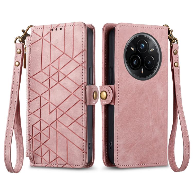 Funda de Cuero con Hebilla Lateral y Cremallera Geométrica para Realme 14 Pro+ (Rosa)