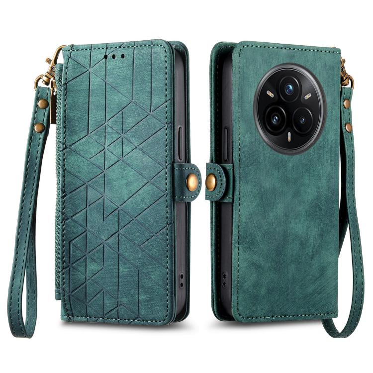 Funda de Cuero con Hebilla Lateral y Cremallera Geométrica para Realme 14 Pro+ (Verde)