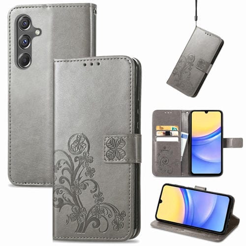 Funda para Teléfono Samsung Galaxy A15 Cuero Hebilla En Relieve Cierre Cuatro Hojas (Gris)
