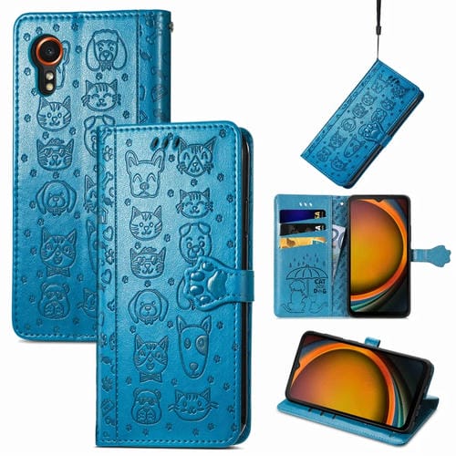Funda para Teléfono Samsung Galaxy Xcover 7 Cuero con Relieve de Perro y Gato (Azul)