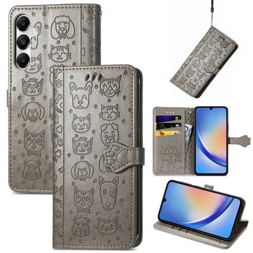 Funda para Teléfono Samsung Galaxy A35 5G Cuero Relieve Perro y Gato (Gris)