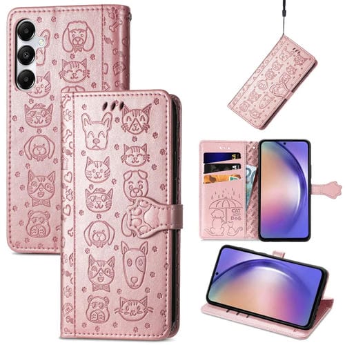 Funda para Teléfono Samsung Galaxy A55 5G Cuero Relieve Perro y Gato (Oro Rosa)
