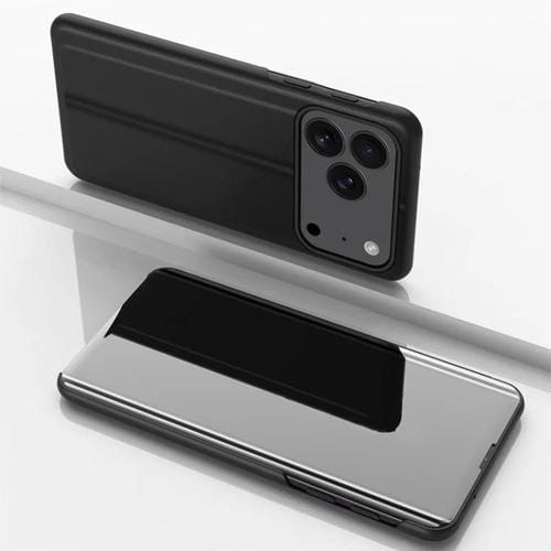 Funda de cuero con tapa horizontal y espejo chapado para iPhone 17 Pro con soporte (negro)