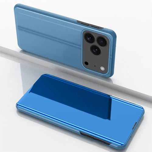 Funda de cuero con tapa horizontal y espejo chapado para iPhone 17 Pro con soporte (azul)