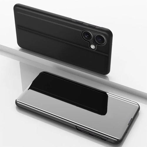 Funda de cuero con tapa horizontal y espejo chapado para iPhone 17 con soporte (negro)