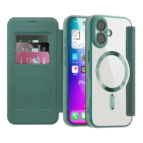 Funda de cuero con diseño de rombos y protección Magsafe RFID para iPhone 17 (verde)
