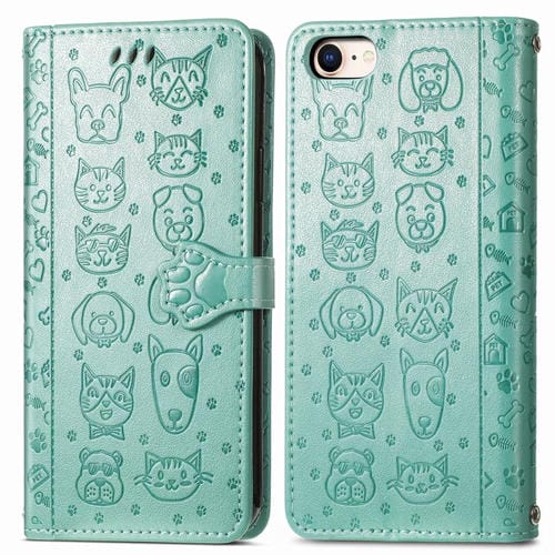 Funda de Piel para iPhone 16E con Estampado de Gato y Perro (Verde)