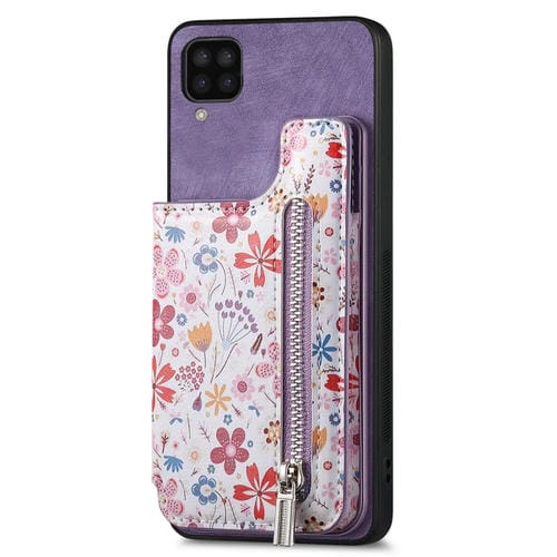 Estuche para Teléfono Samsung Galaxy A12 5G con Billetera y Cremallera Pintada Retro (Púrpura)