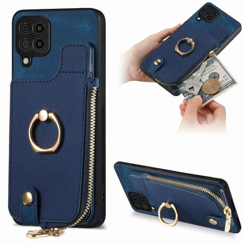 Funda para Teléfono Samsung Galaxy A12 5G con Anillo de Cuero Cruzado, Cremallera Vertical y Billetera Trasera (Púrpura)