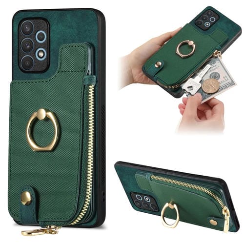 Funda para Teléfono Samsung Galaxy A72 4G 5G con Anillo de Cuero Cruzado Cremallera Vertical Billetera Trasera (Verde)