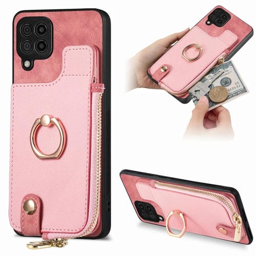 Funda para Teléfono Samsung Galaxy M32 4G con Anillo de Cuero Cruzado Cremallera Vertical y Billetera Trasera (Rosa)