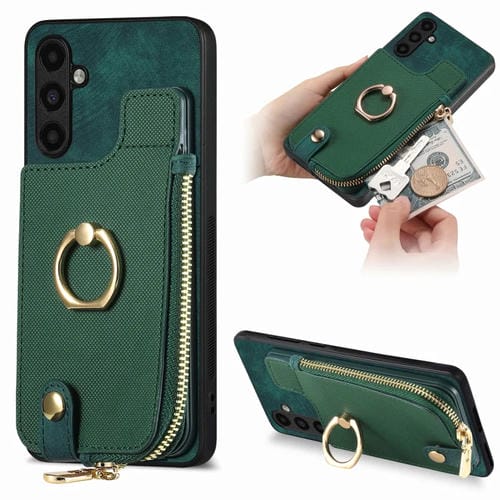 Funda para Teléfono Samsung Galaxy A05S Anillo Cuero Cruzado Cremallera Billetera (Verde)