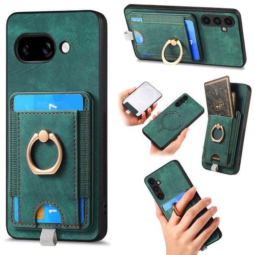 Funda de Cuero con Tarjetero Magnético Divisible Retro para Google Pixel 9A (Verde)