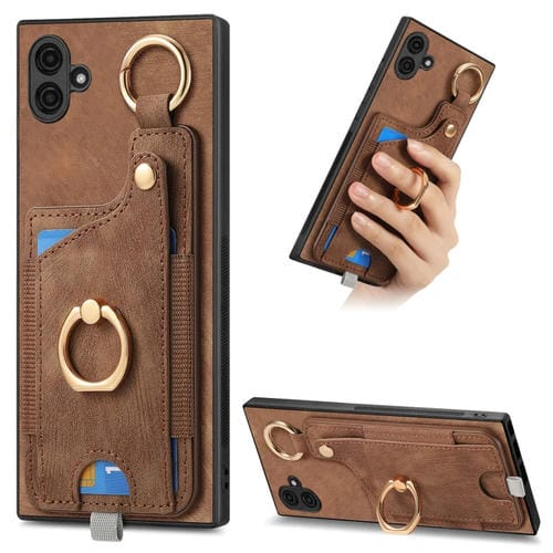 Funda para Teléfono Samsung Galaxy A04E con Bolsa para Tarjeta y Anillo con Sensación de Piel Retro con Lazo para Colgar (Marrón)