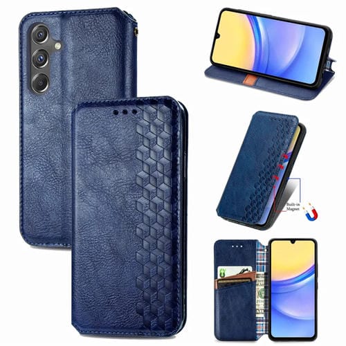 Funda para TelĂ©fono Samsung Galaxy A15 Cuero MagnĂ©tico Prensado Rejilla CĂșbica (Azul)