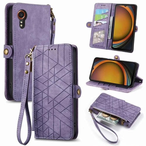 Estuche para teléfono Samsung Galaxy Xcover 7 de cuero con hebilla lateral y billetera con cremallera geométrica (Púrpura)