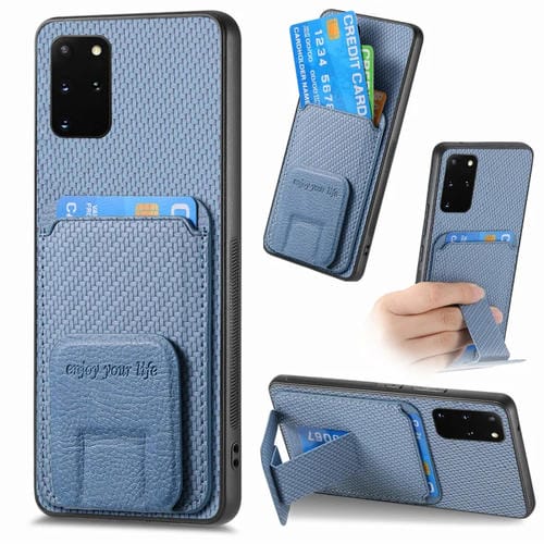 Funda para Samsung Galaxy S20 con Soporte Plegable y Bolsa para Tarjetas de Fibra de Carbono (Azul)