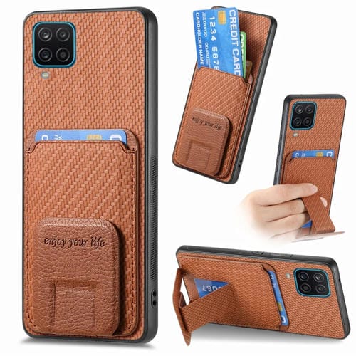 Funda para Teléfono Samsung Galaxy A12 5G con Soporte Plegable y Bolsa para Tarjetas de Fibra de Carbono (Marrón)