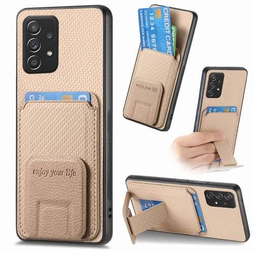 Funda para Teléfono Samsung Galaxy A52 con Soporte Plegable y Bolsa para Tarjetas Fibra de Carbono (Caqui)