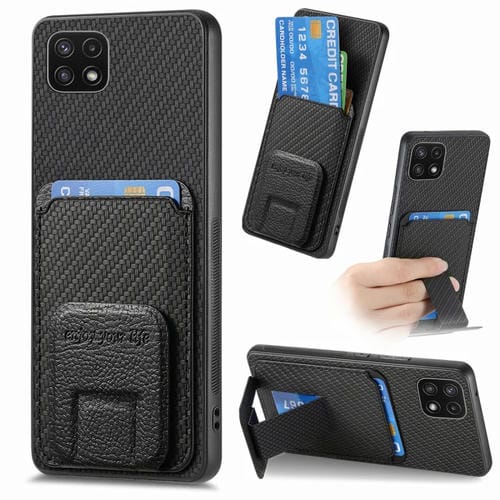 Funda para Teléfono Samsung Galaxy A22 5G con Soporte Plegable y Bolsa para Tarjetas Fibra de Carbono (Negro)