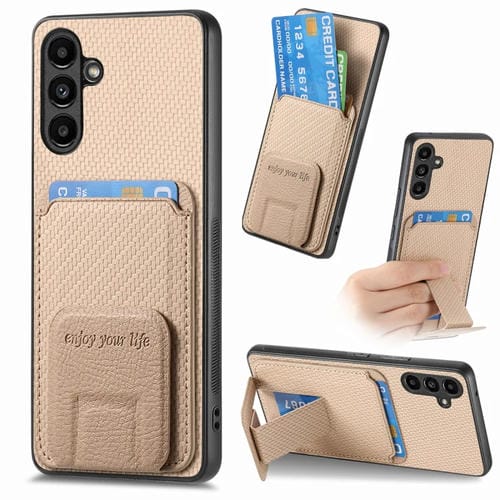 Funda para Teléfono Samsung Galaxy A15 con Soporte Plegable y Bolsa para Tarjetas Fibra de Carbono (Caqui)