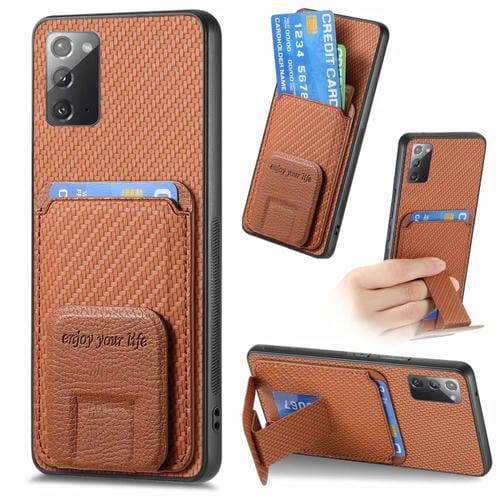 Funda para Teléfono Samsung Galaxy Note20 con Soporte Plegable y Bolsa para Tarjetas de Fibra de Carbono (Marrón)