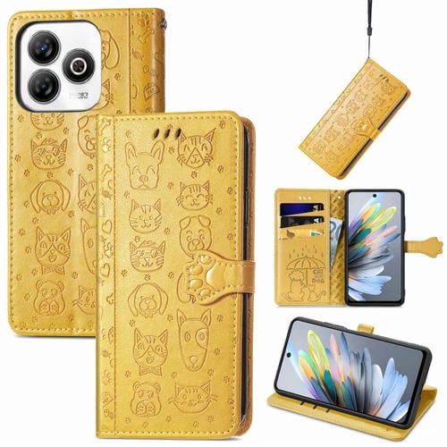 Funda de Piel con Relieve Gato y Perro para ZTE Blade A75 4G (Amarilla)