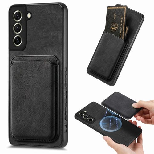 Funda de Teléfono Samsung Galaxy S21 FE 5G Magnética con Bolsa de Tarjeta Cuero Retro (Negro)