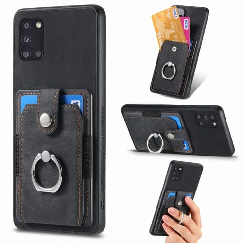 Funda para Teléfono Samsung Galaxy A31 con Billetera, Tarjeta, Anillo y Sensación de Piel Retro (Negro)