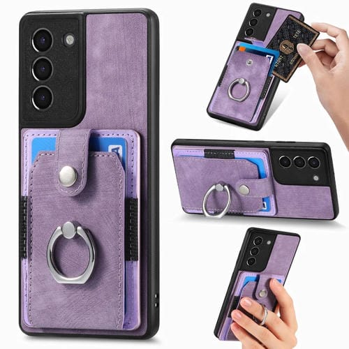 Funda para Teléfono Samsung Galaxy S21 5G con Billetera y Tarjeta con Anillo Sensación de Piel Retro (Púrpura)