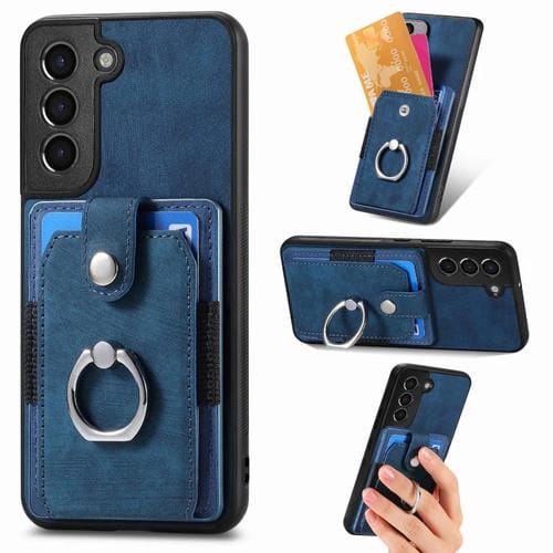 Funda para Teléfono Samsung Galaxy S21 FE 5G con Billetera Tarjeta Anillo Sensación de Piel Retro (Azul)