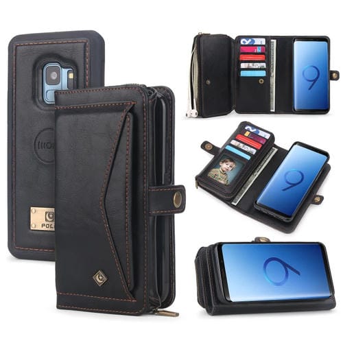 Funda de Cuero para Samsung Galaxy S9 con Billetera y Cremallera Multifuncional (Negro)