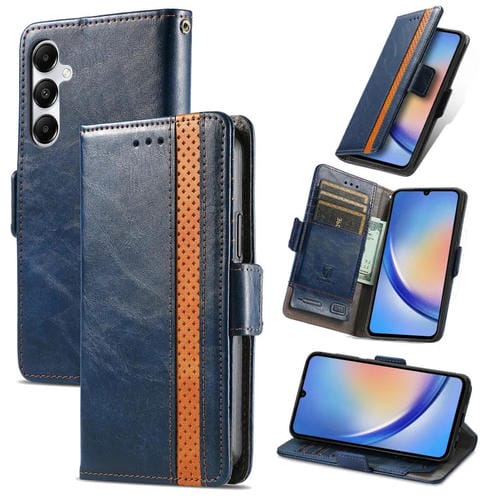 Funda de Cuero Caseneo para Samsung Galaxy A35 5G con Hebilla Magnética Dual (Azul)