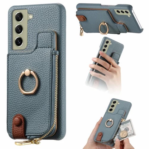 Funda para Samsung Galaxy S21 FE 5G Litchi Leather Oil Edge Ring Zipper Wallet Back (Azul)
