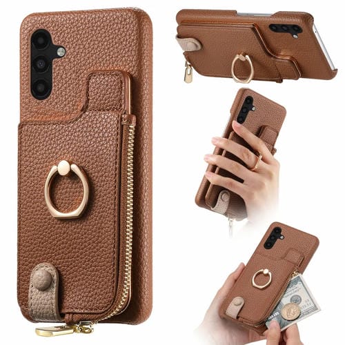Funda para Samsung Galaxy A04S Litchi Leather Oil Edge Ring Zipper Wallet Back (Marrón)