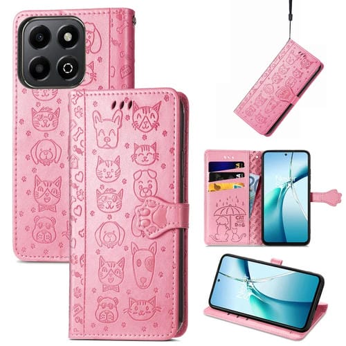 Funda de Cuero con Relieve de Gato y Perro para Honor 200 (Rosa)