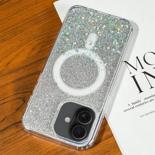 Funda MagSafe con purpurina degradada y estrellas para iPhone 16 Plus (plata degradada)
