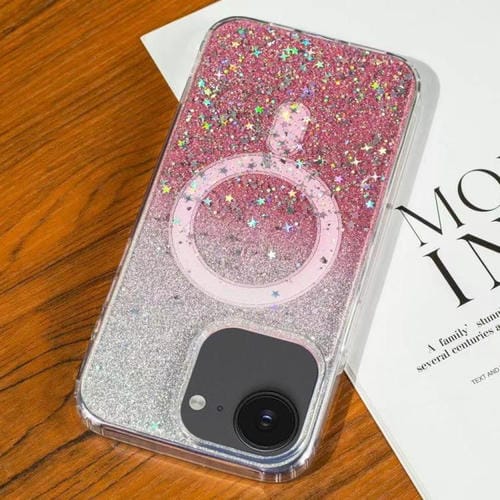 Funda MagSafe con purpurina y estrellas para iPhone 16e (rosa degradado)
