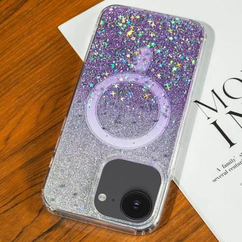 Funda MagSafe con purpurina degradada y estrellas para iPhone 16e (morado degradado)